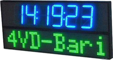 Pannello a messaggio variabile composto da insegna scorrevole verde e orologio blu
